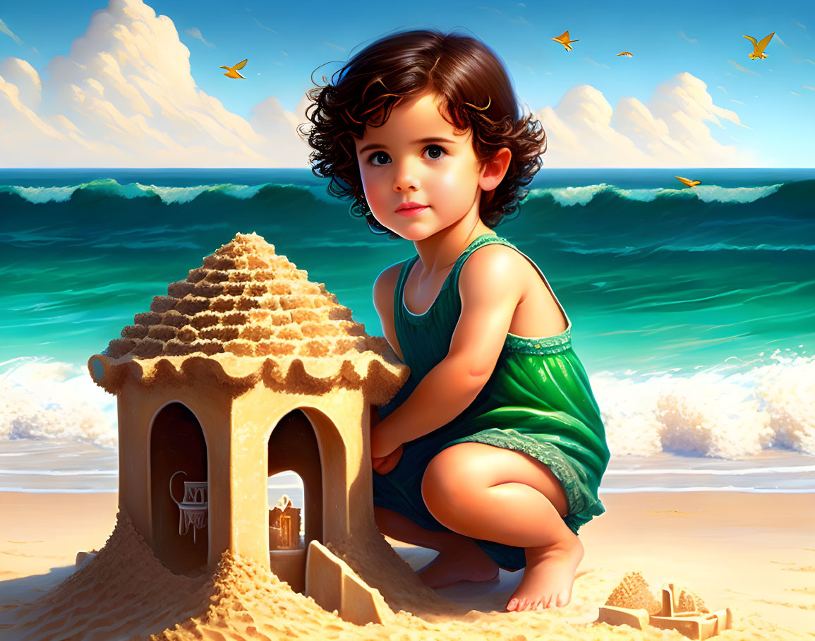 Child in green outfit crouches by intricate sandcastle on sunny beach