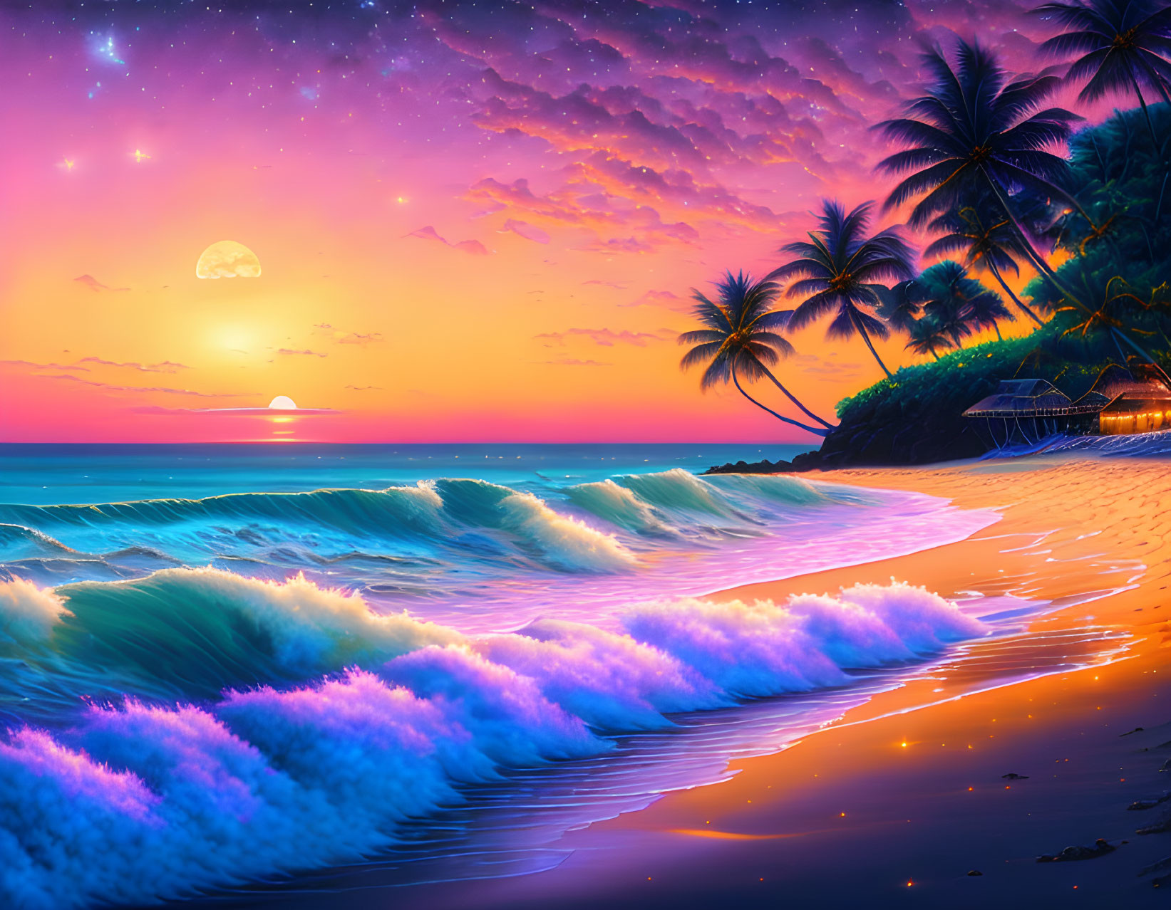 Scenic Beach Sunset with Purple Skies and Palm Trees