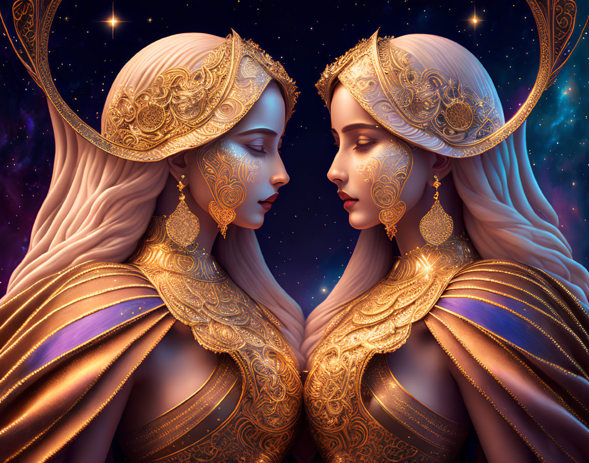 Symmetrical female figures with golden headpieces in fantasy setting