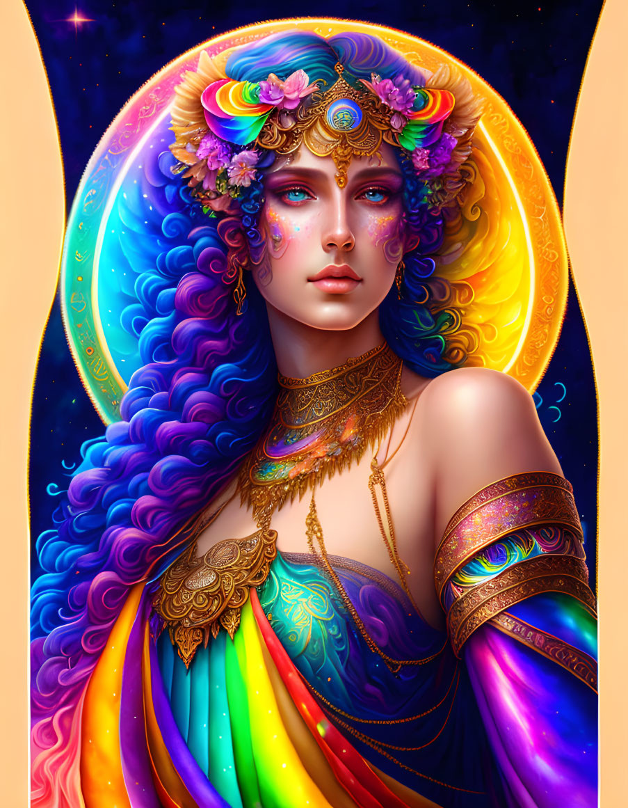 Colorful illustration: mystical woman with flowing hair, floral crown, celestial jewelry.