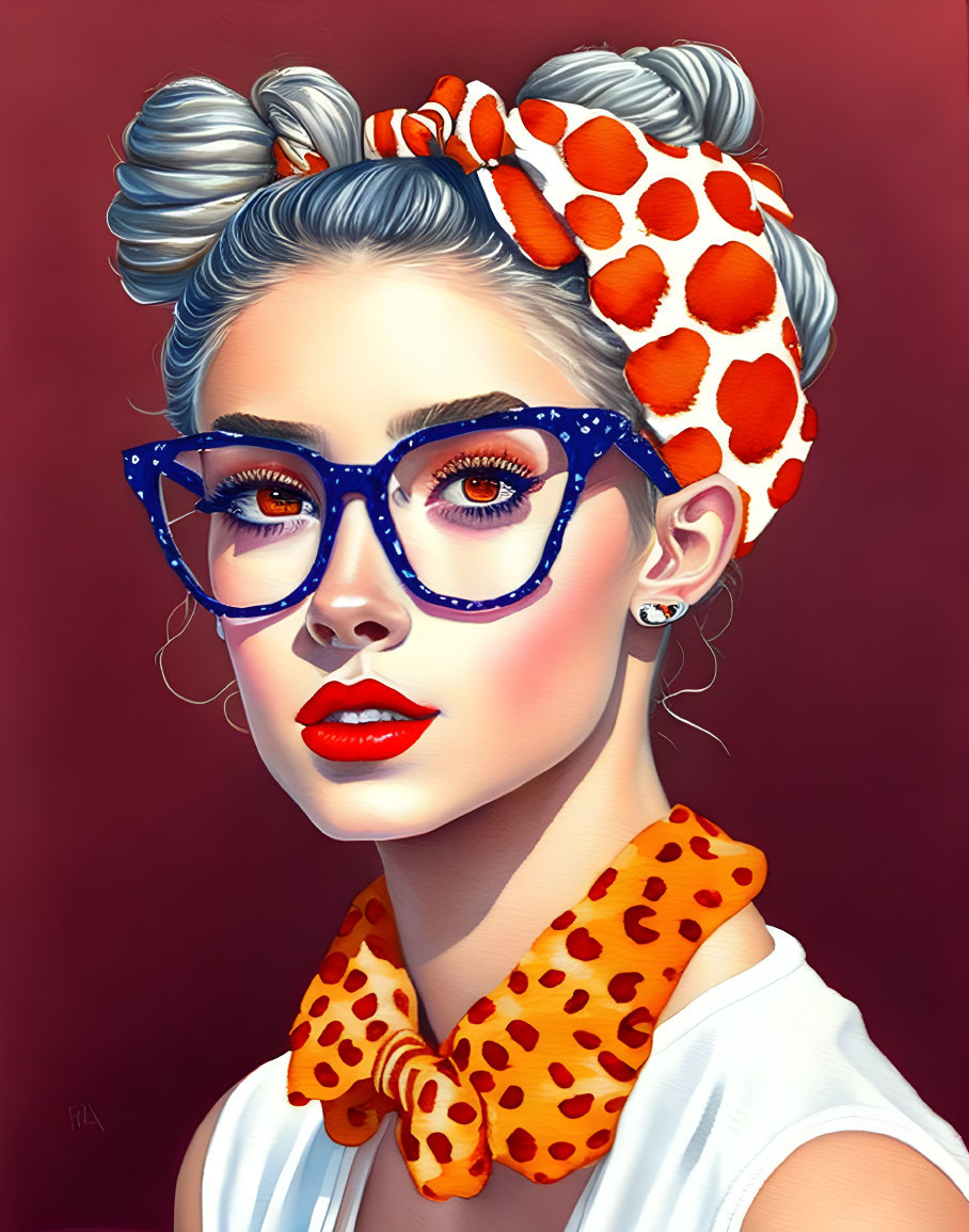 Fashion illustration of woman with double bun hairstyle, red lipstick, cat-eye glasses, and polka dot