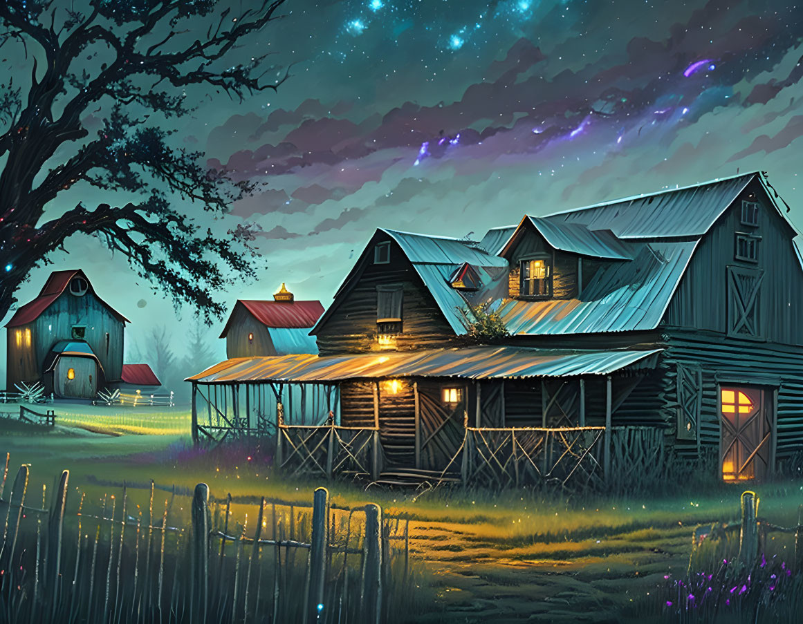 Starry night sky over rustic farmhouses in peaceful countryside