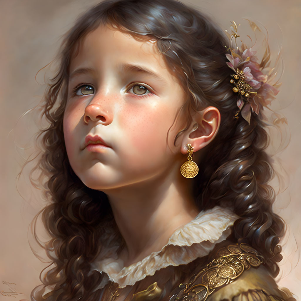 Young girl with curly hair in vintage dress and gold earring