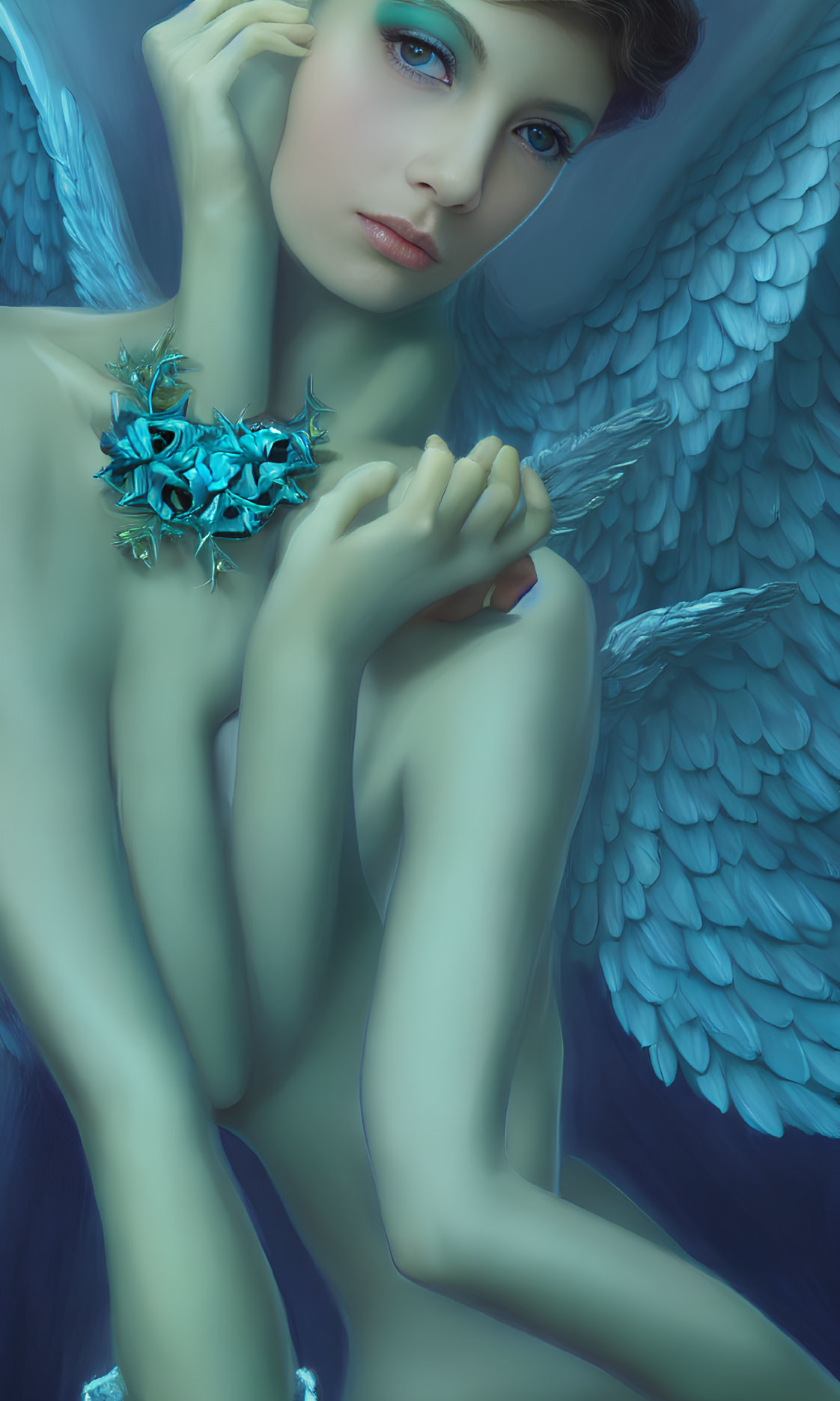 Portrait of person with large blue wings and butterfly necklace in surreal setting