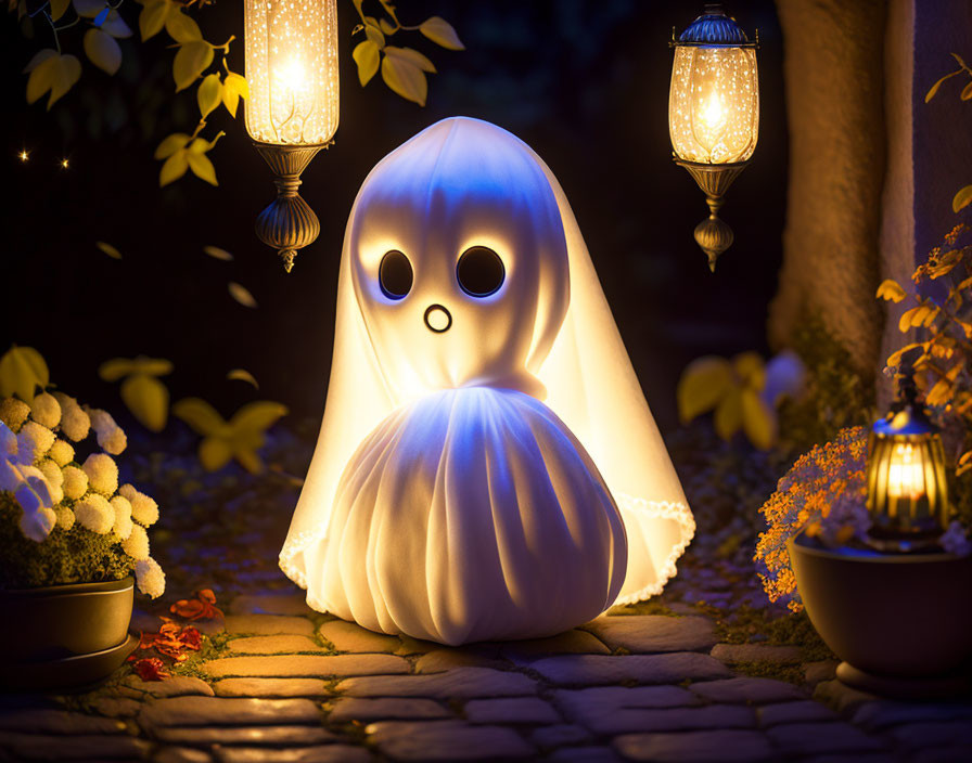 Glowing ghost decoration with big eyes in garden path at night