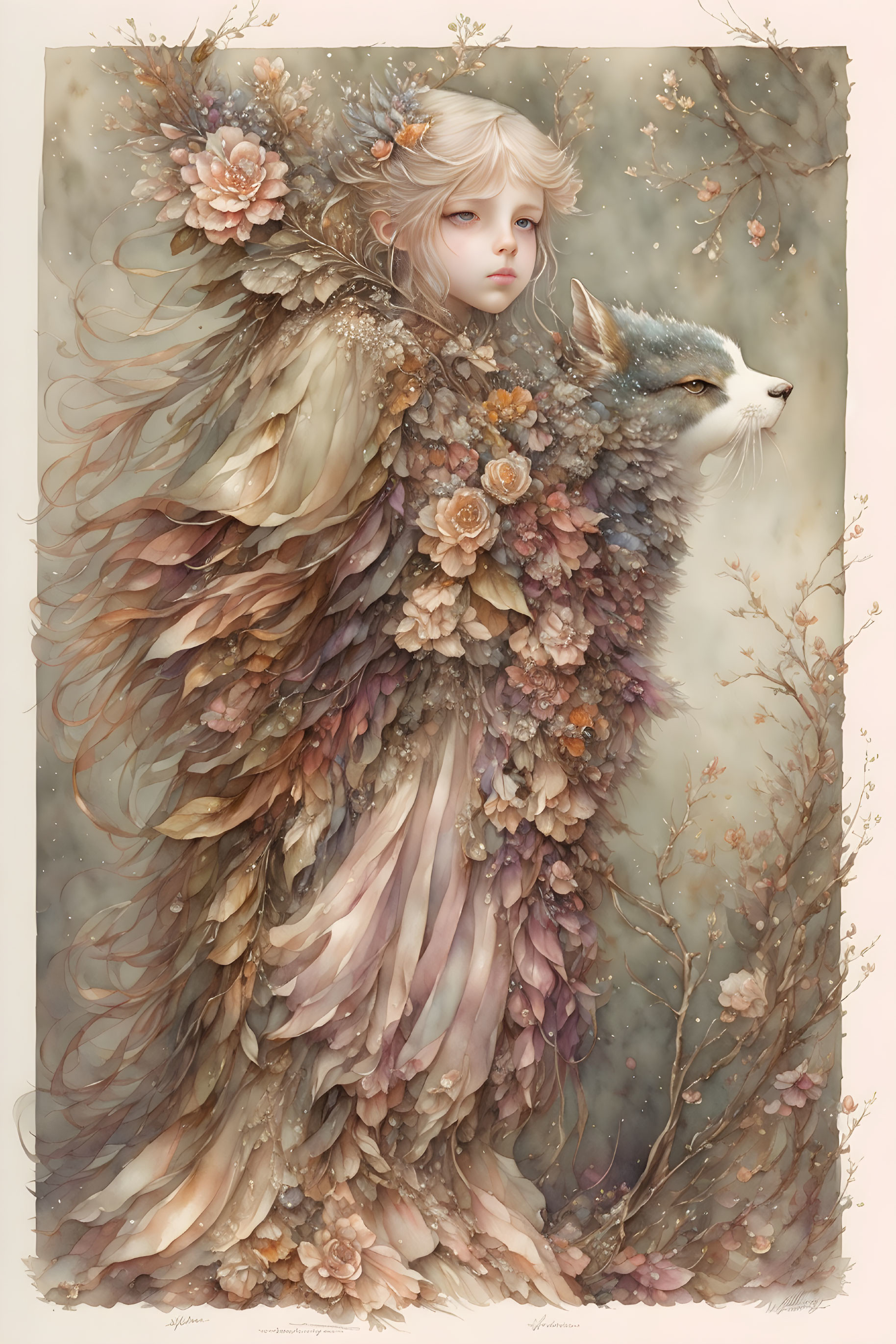 Person with Light Hair in Floral Garment Beside White Fox