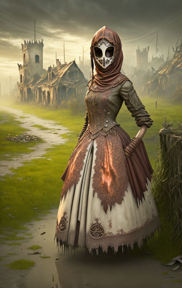 Elaborate period dress and skull mask in dystopian landscape