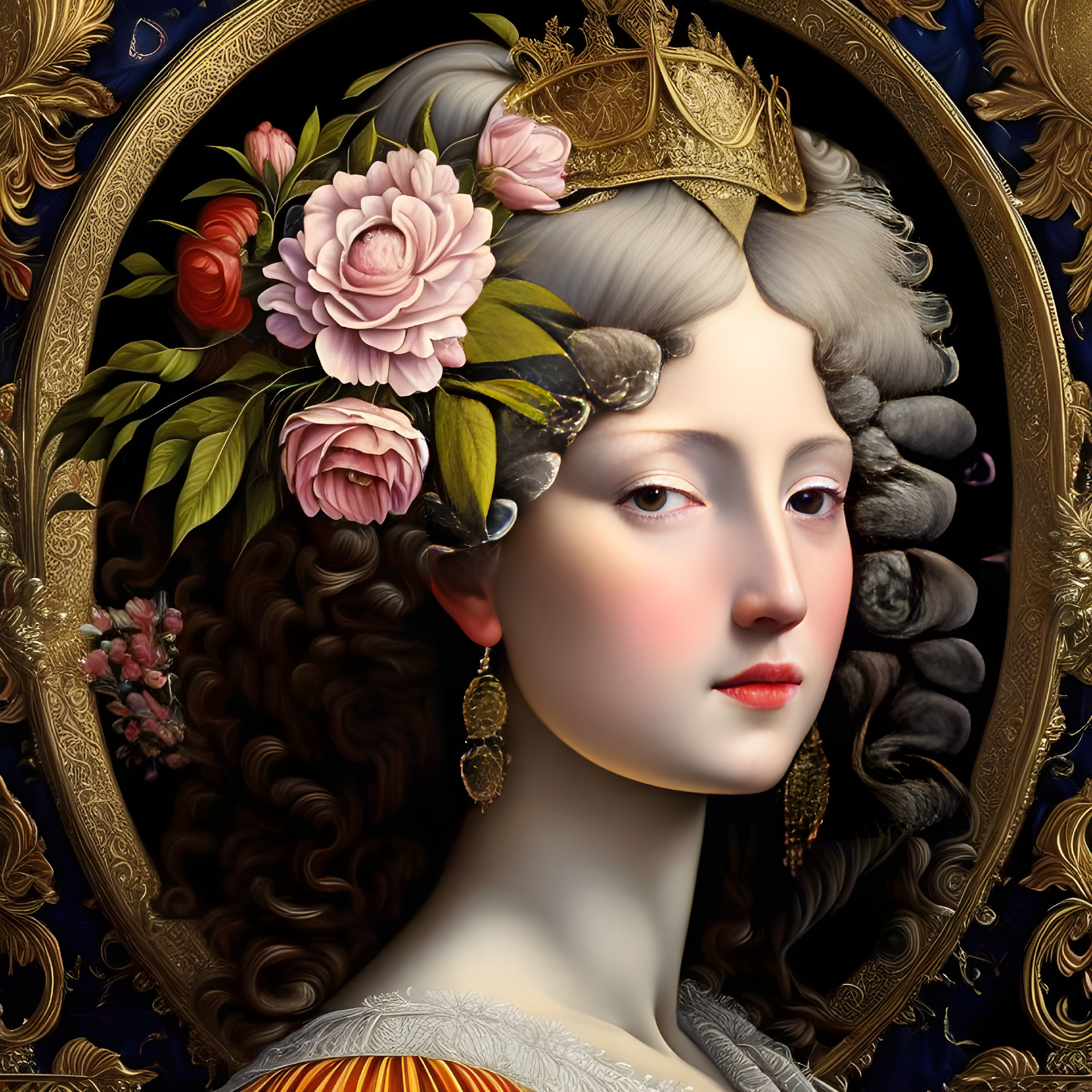 Detailed Artwork: Woman with Crown, Floral Hair Adornments, Wavy Locks, Fair