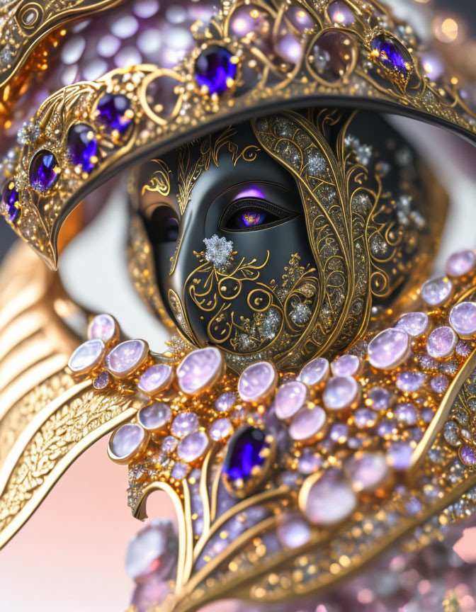 Intricate Venetian Mask with Gold Filigree and Purple Gems