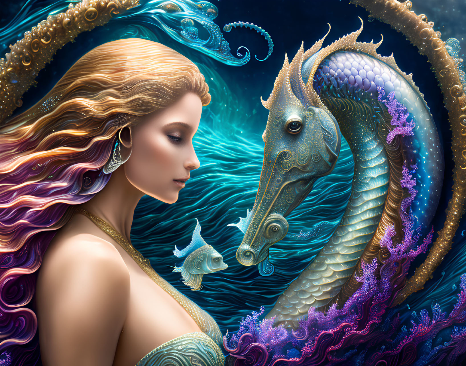 Colorful Woman and Sea Serpent in Marine Scene