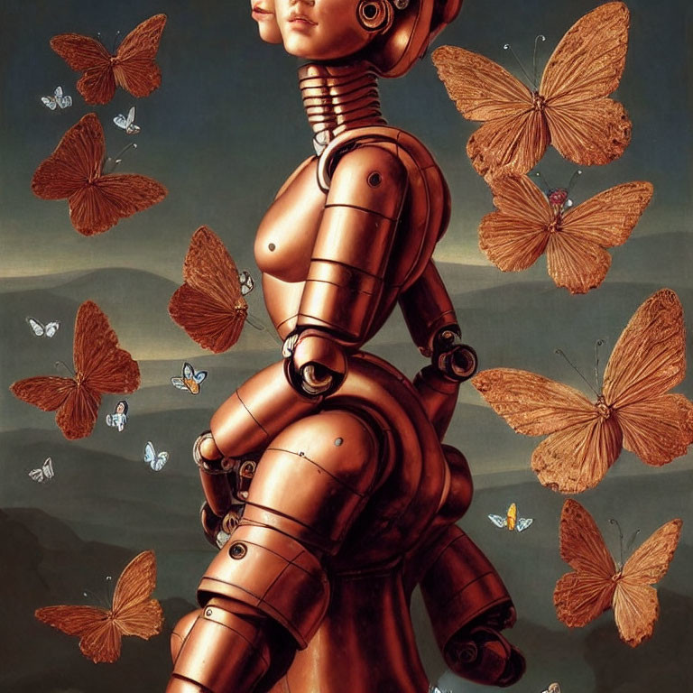 Shiny humanoid robot with butterflies on blue background