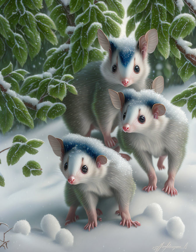 Whimsical possum-like creatures in snowy landscape