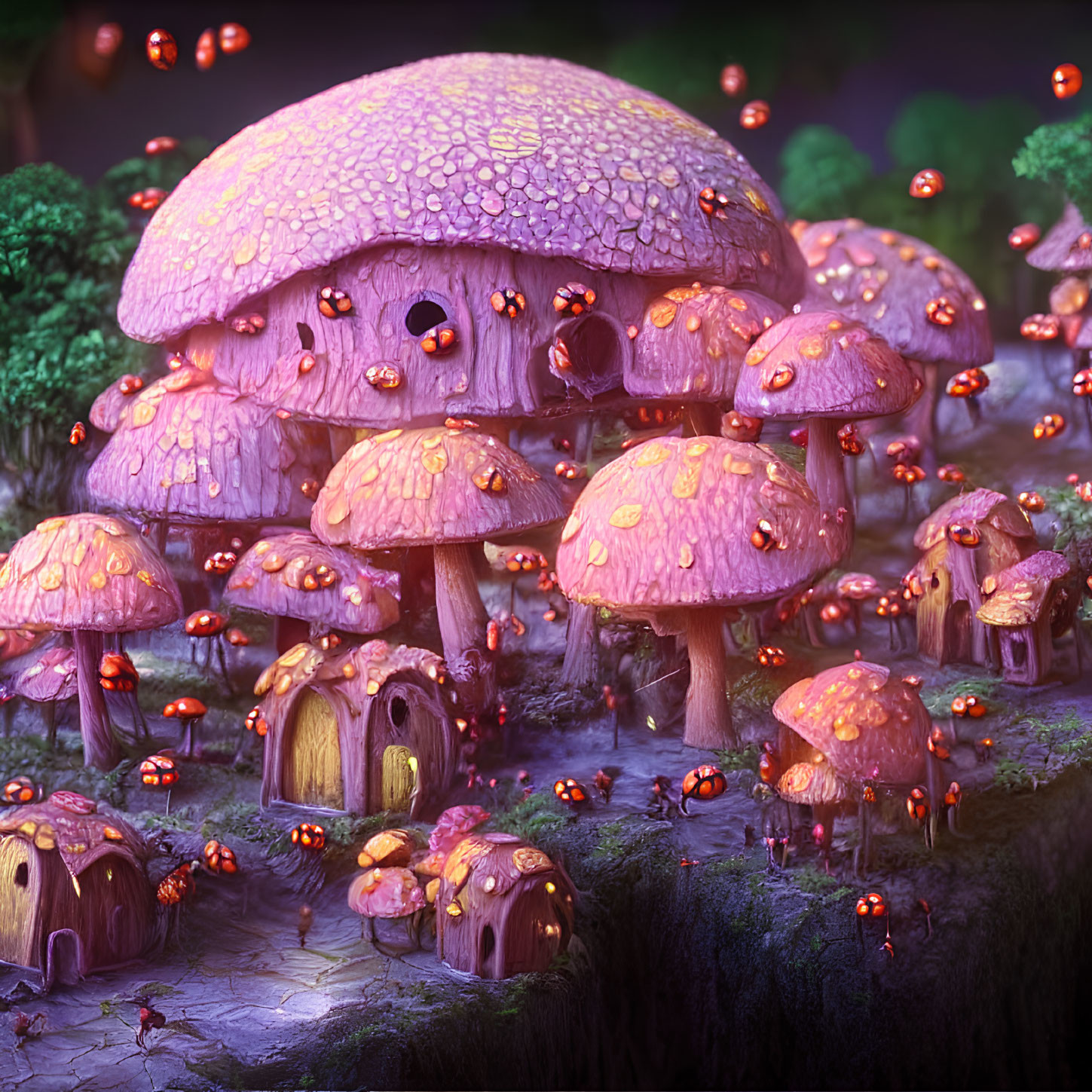 Whimsical forest scene with oversized pink mushrooms and glowing orbs