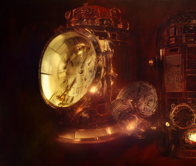 Distorted glowing clocks and timepieces in surreal artwork