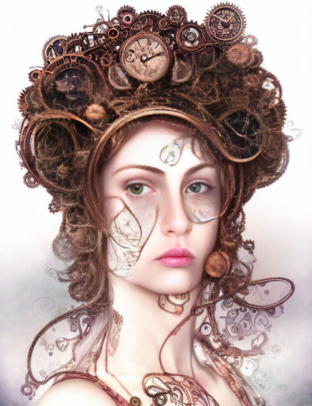 Steampunk-inspired woman with gears, cogs, and monocle in whimsical headdress