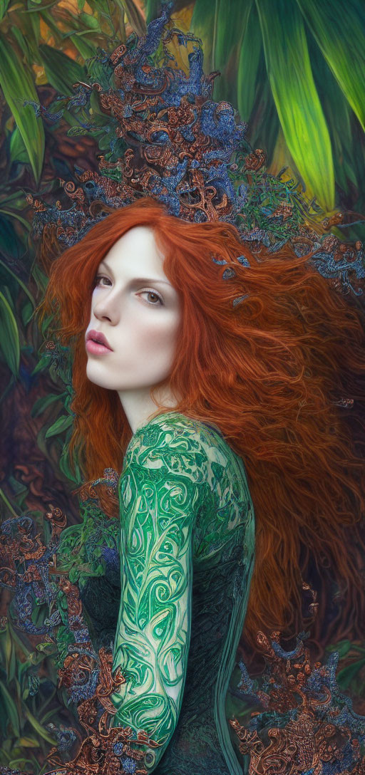 Red-haired woman in green foliage with blue floral patterns