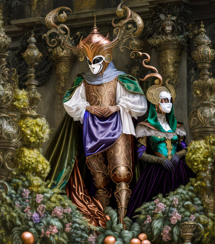 Ornate Costumes with Masks in Venetian Carnival Setting