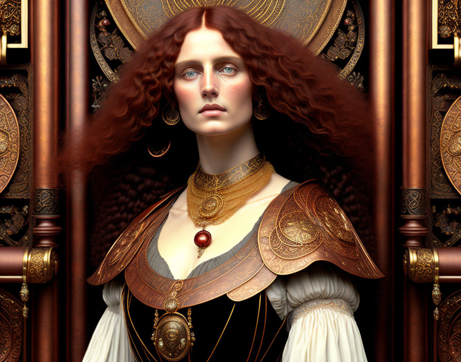 Regal woman in gold armor with red hair on golden background