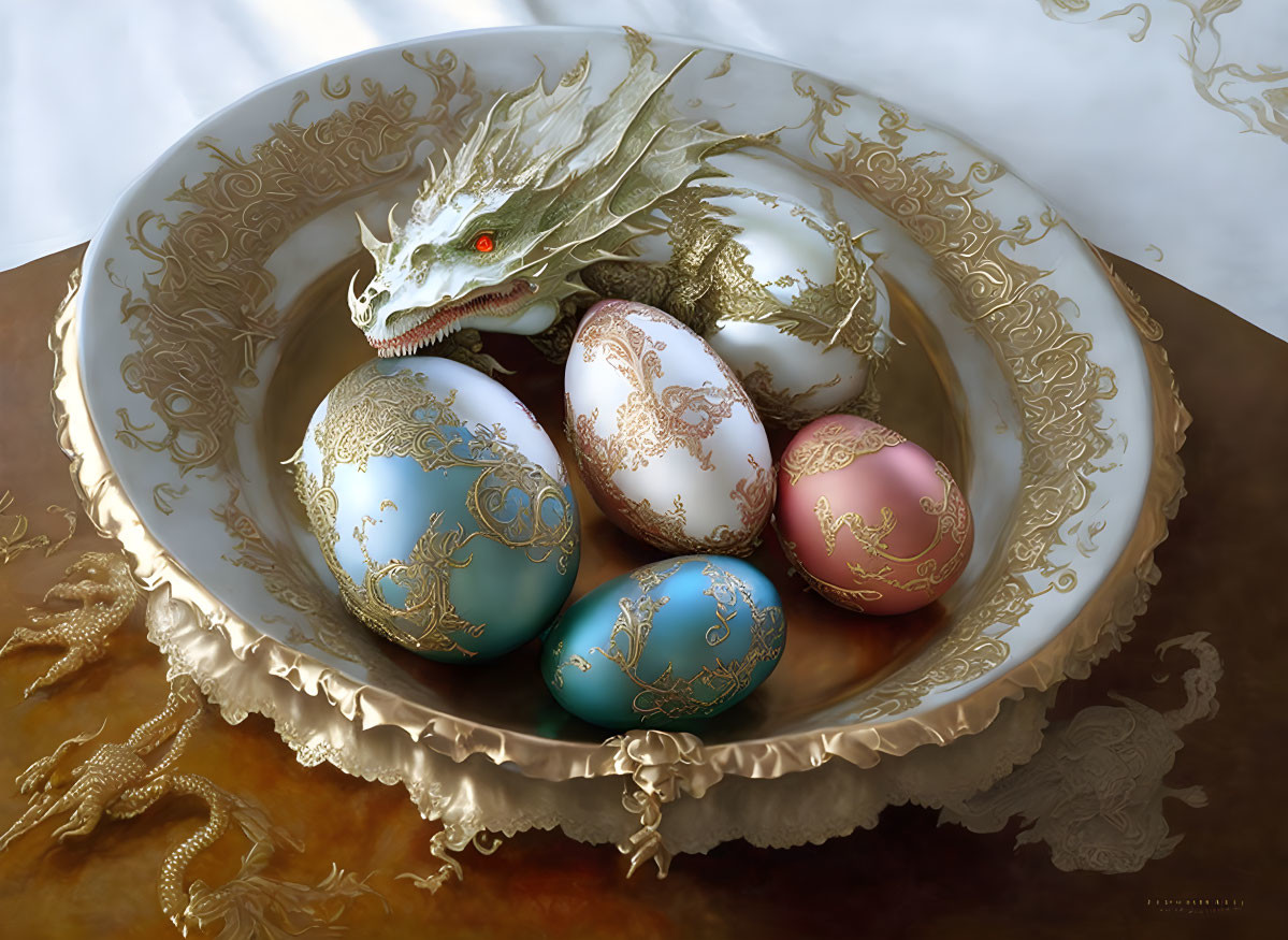 Elaborately horned small dragon in decorative bowl with patterned eggs on embroidered surface