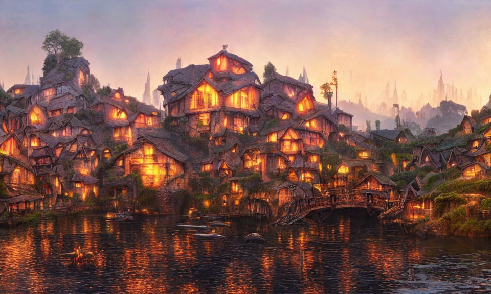 Tranquil Tudor-style fantasy village at dusk