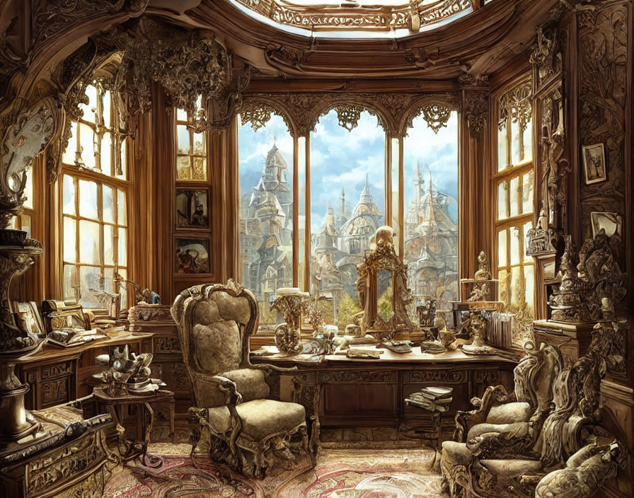 Wood-paneled study with armchairs and desk, overlooking fantasy cityscape through arched windows.