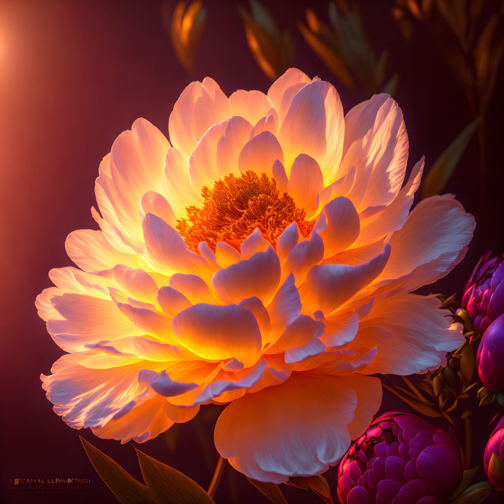 Close-Up of Luminous Full Bloom Peony with White and Orange Petals