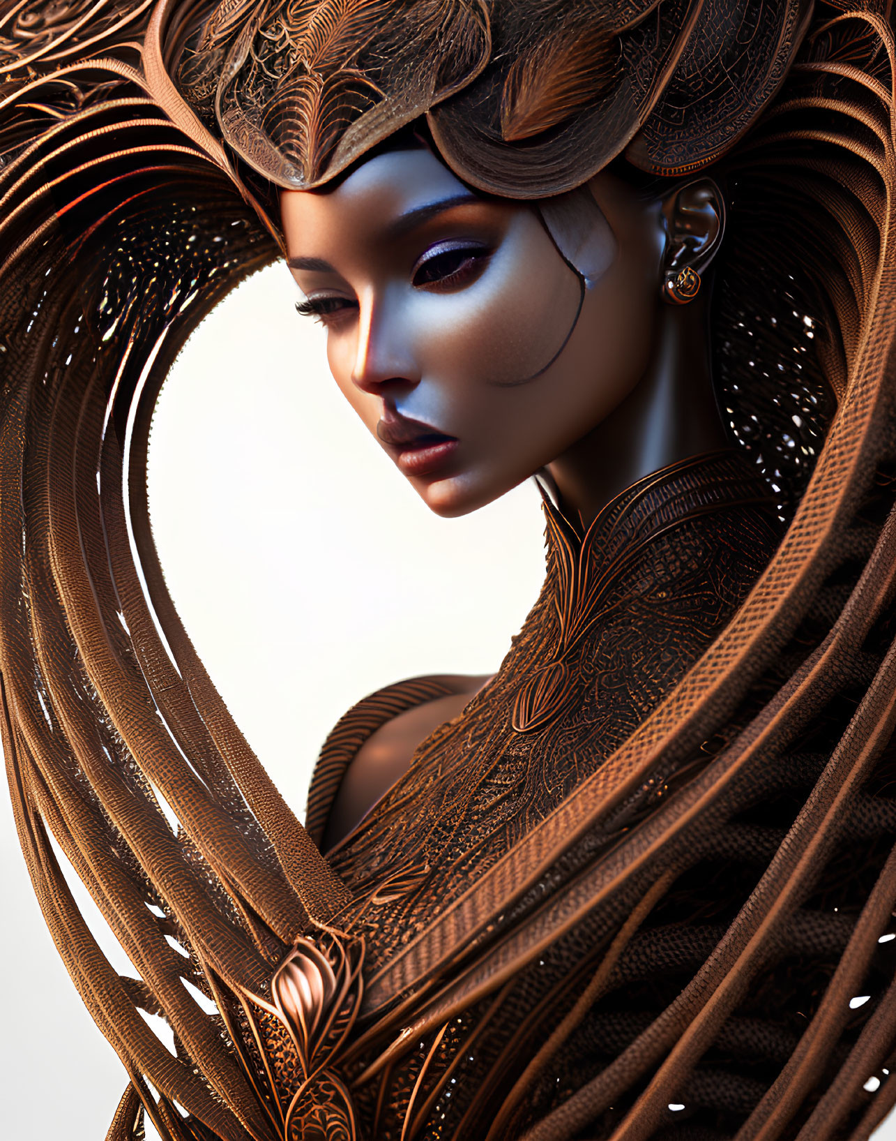 Intricate bronze headdress on futuristic woman