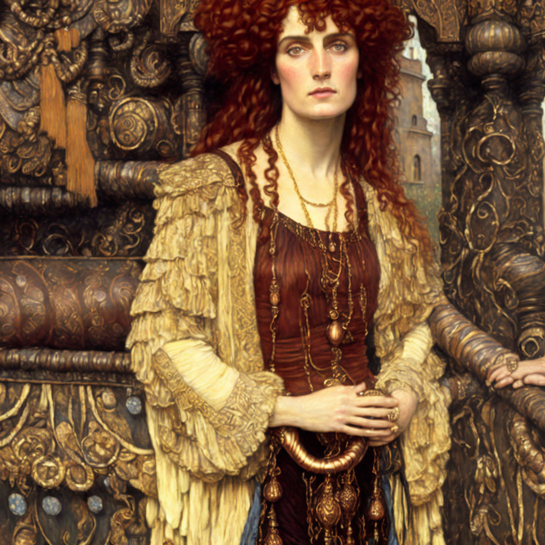 Detailed painting of woman with red hair, blue eyes, golden robe, intricate jewelry, and ornate