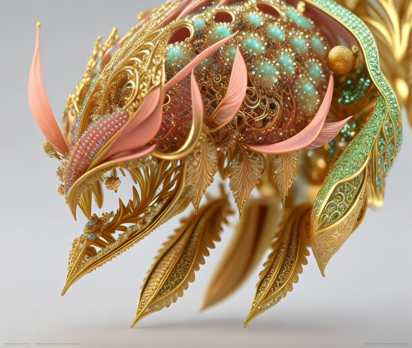 Detailed Digital Sculpture: Ornate Golden Patterns, Teal Pearls, Pink Accents