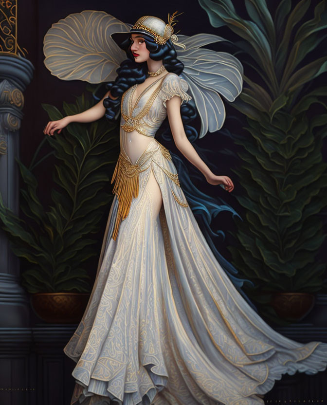 Illustrated female figure in elegant white and gold costume with butterfly wings, surrounded by green foliage on dark