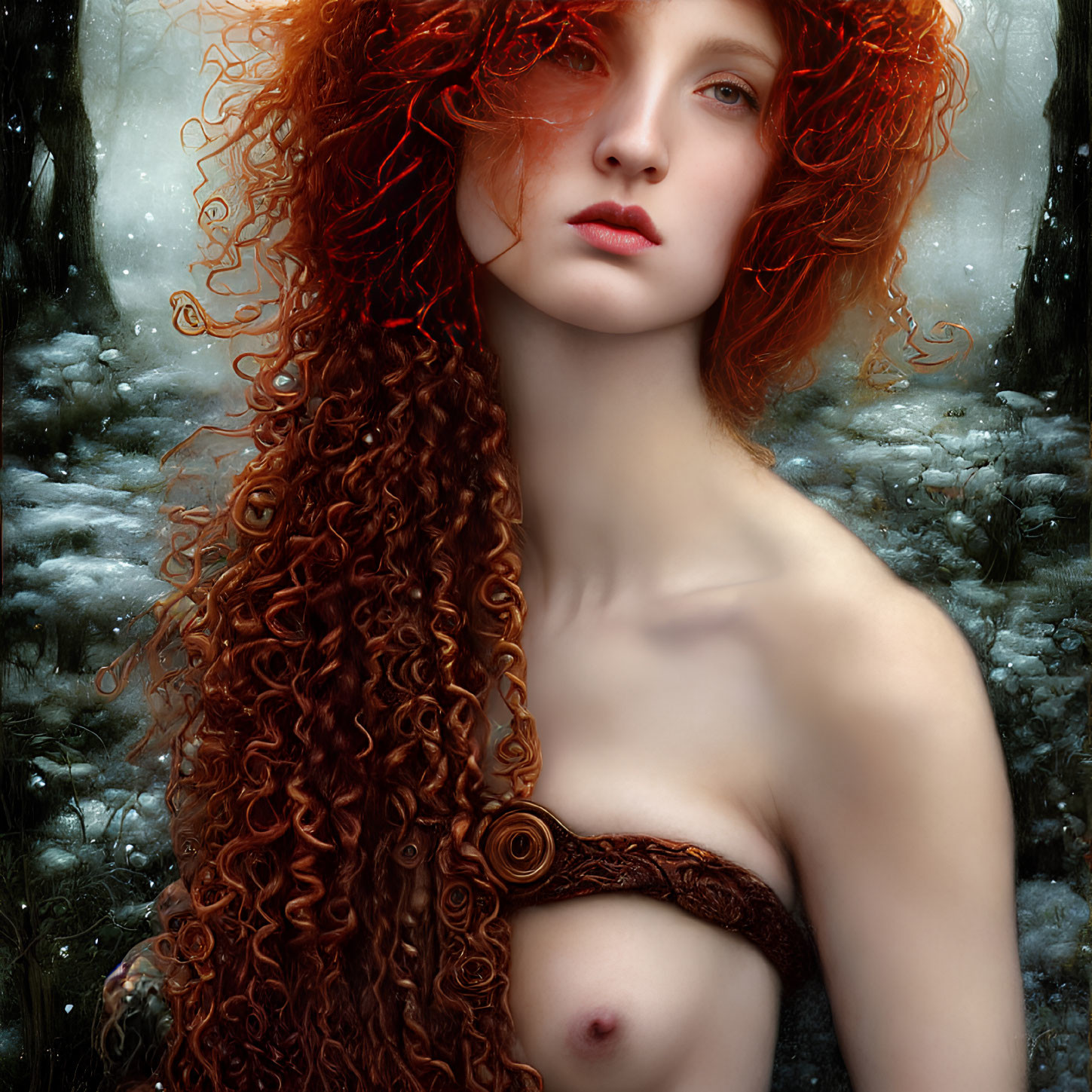 Digital portrait of woman with voluminous red hair in mystical forest