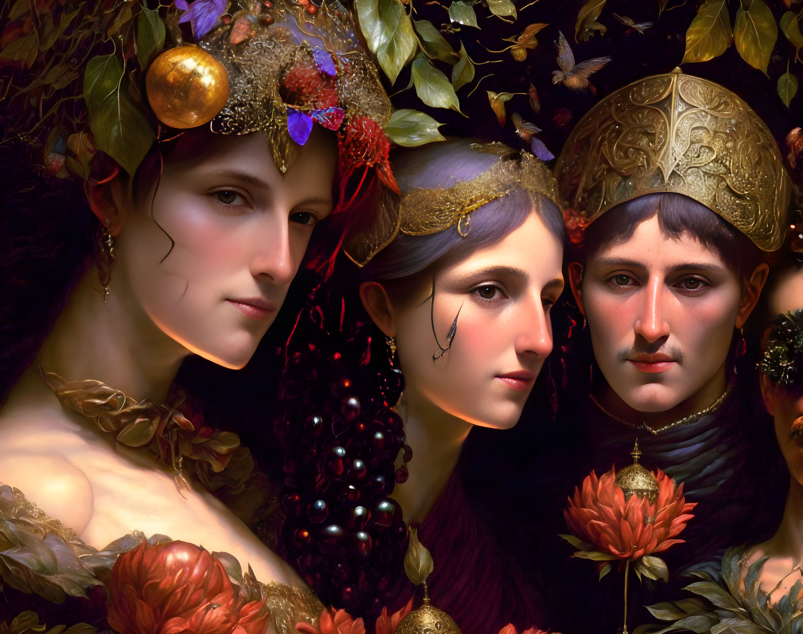 Elaborate nature-inspired headdresses on three individuals