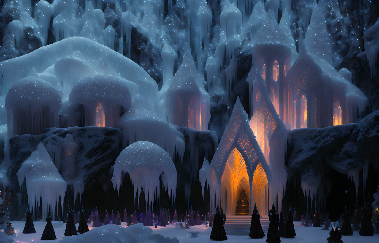 Snowy night scene with ice palace and mysterious figures