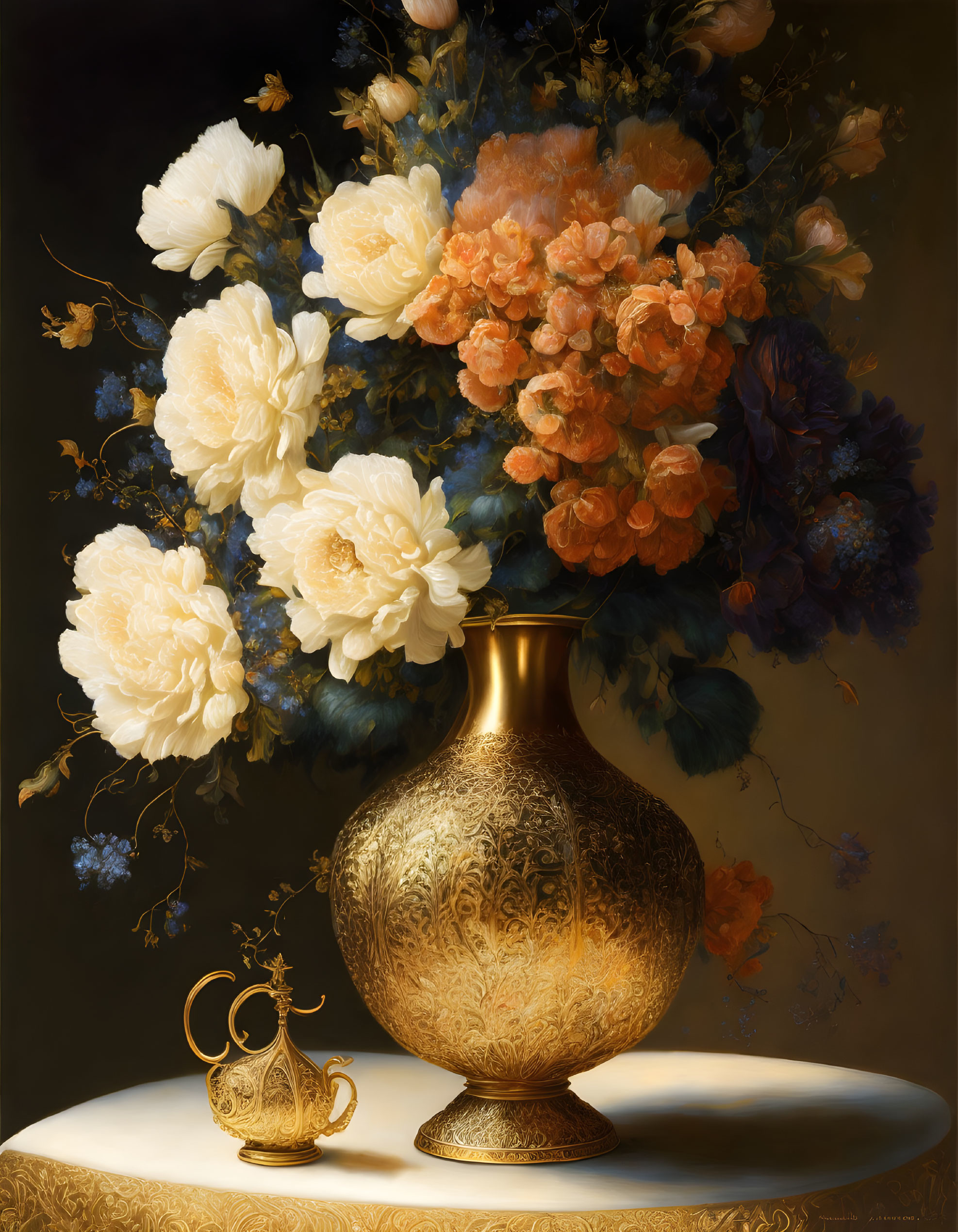 Golden vase with white and peach flowers on table with gold pitcher