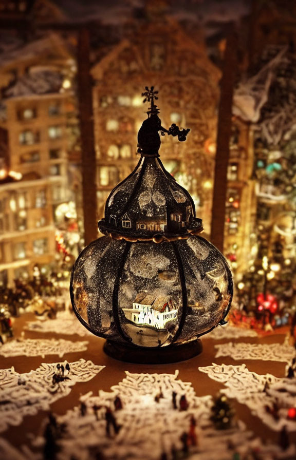 Miniaturized wintry landscape in glass bell jar with festive lights background