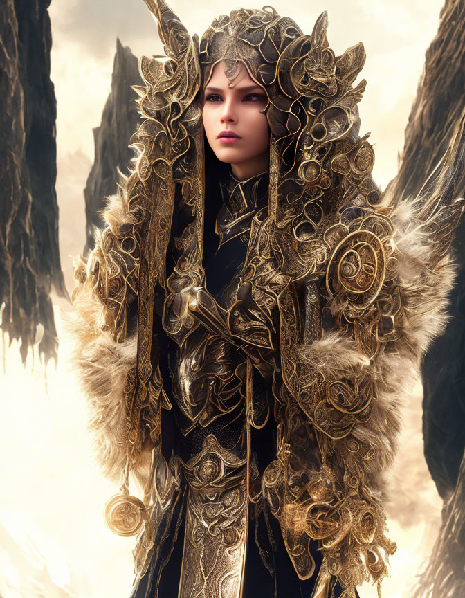 Elaborate golden armor on person in regal setting