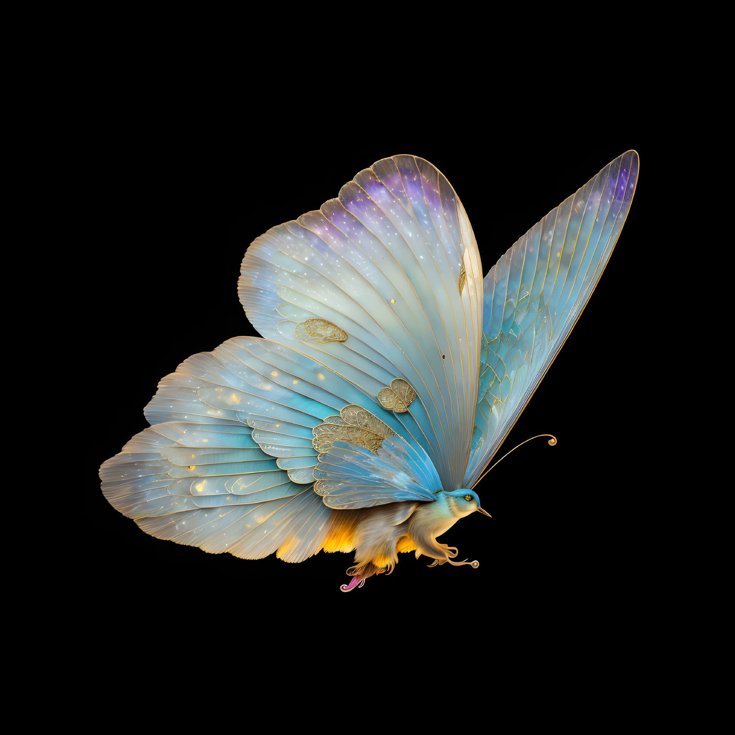 Detailed Fantasy Butterfly Illustration with Blue and Gold Wings on Black Background