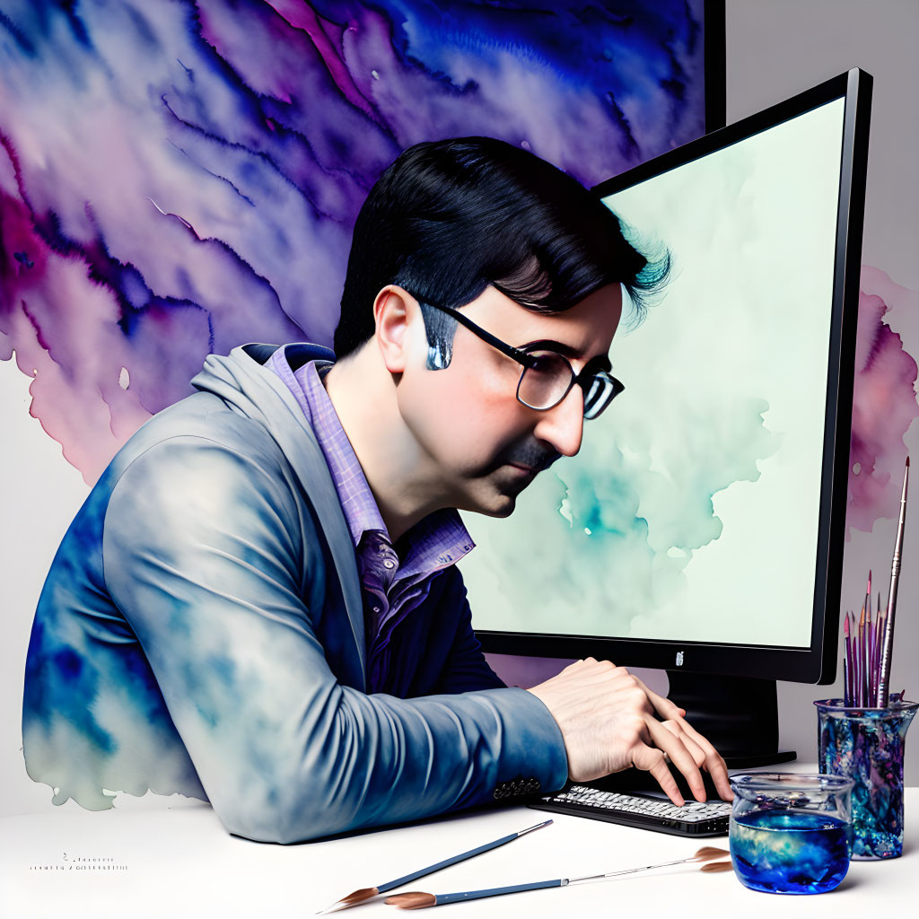 Man Working on Computer in Colorful Creative Workspace