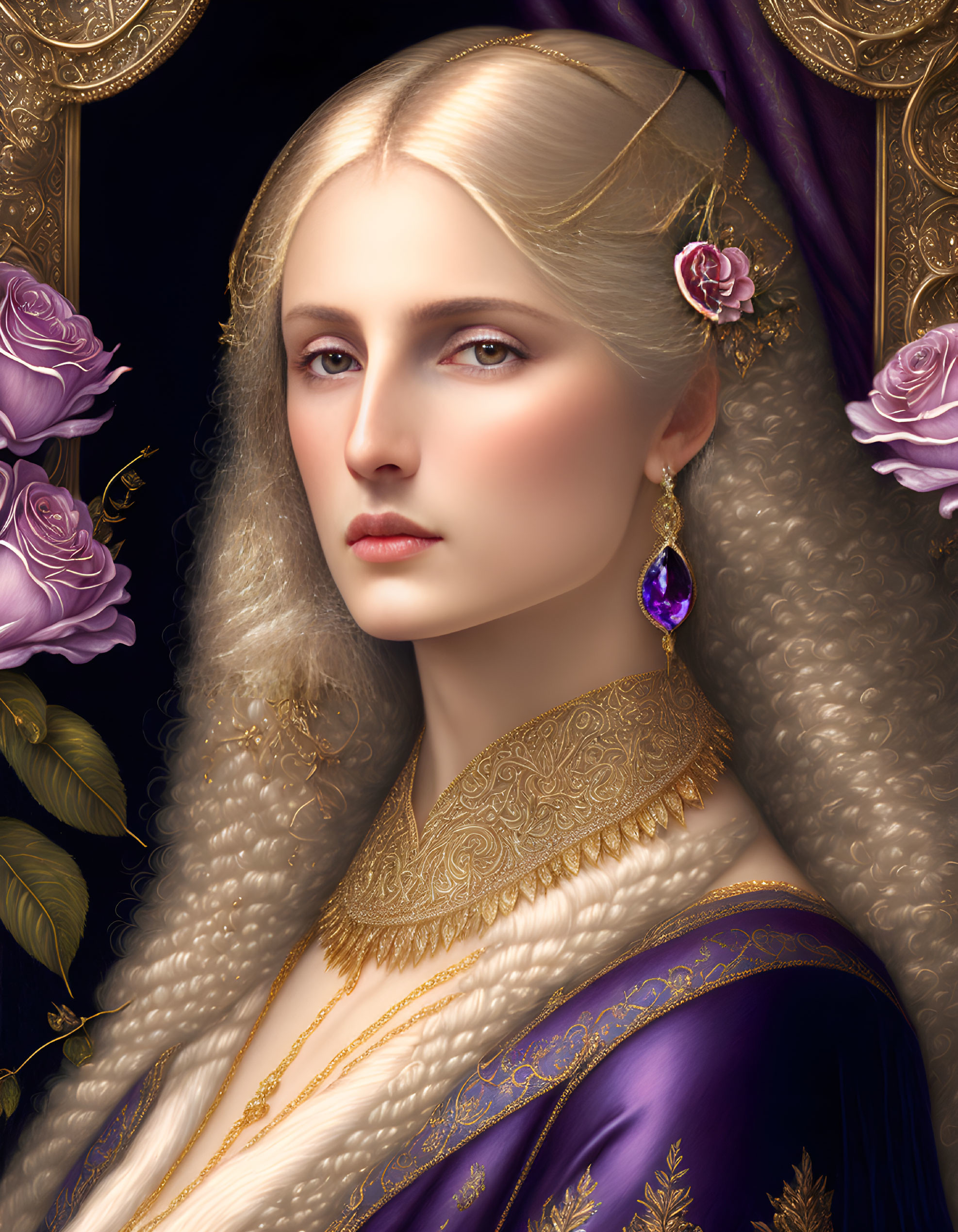 Regal woman with pale skin, long curly blonde hair, gold embroidery, purple fabric, and a