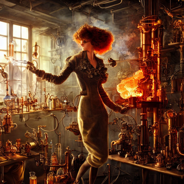 Fiery red-haired woman in steampunk laboratory with brass piping and glowing bulbs