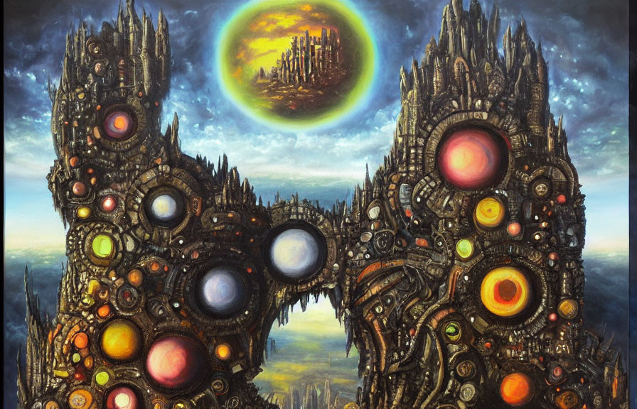 Surreal painting featuring ornate towers and floating cityscape