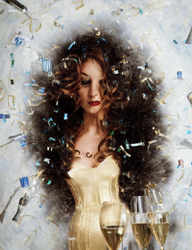 Curly-haired woman in gold dress with champagne glasses and confetti.