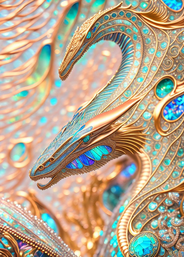 Golden Dragon Sculpture with Turquoise and Blue Gemstone Accents