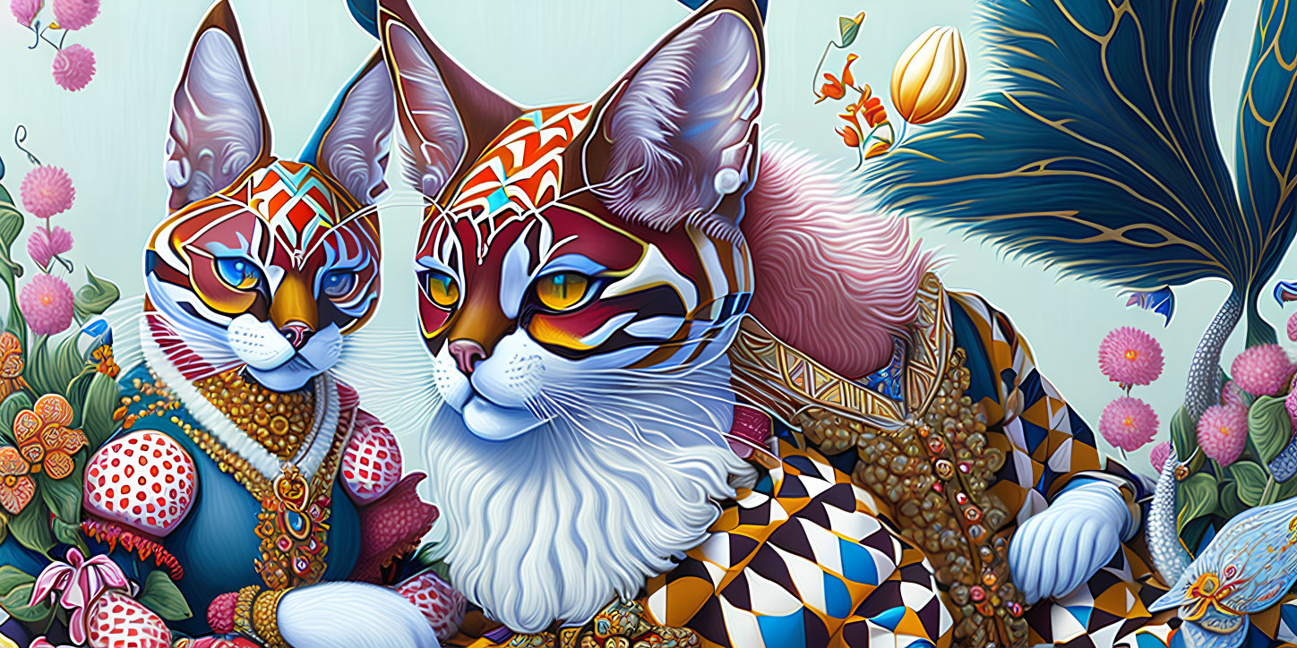 Colorful Floral Scene Featuring Two Patterned Cats