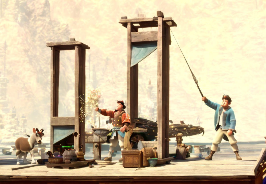 Animated characters playing at a wooden contraption by a dock with a sheep and boats in the background