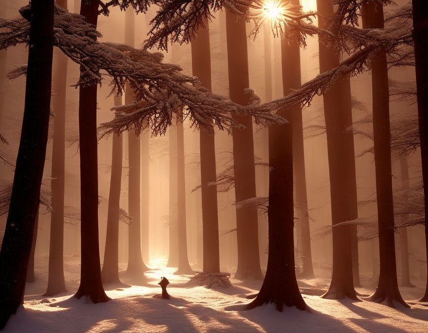 Snowy Forest with Tall Trees, Sunbeams, and Lone Figure