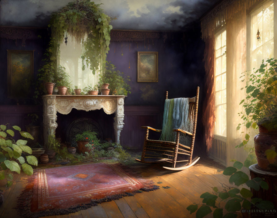 Sunlit room with rocking chair, fireplace, plants, paintings & warm rug