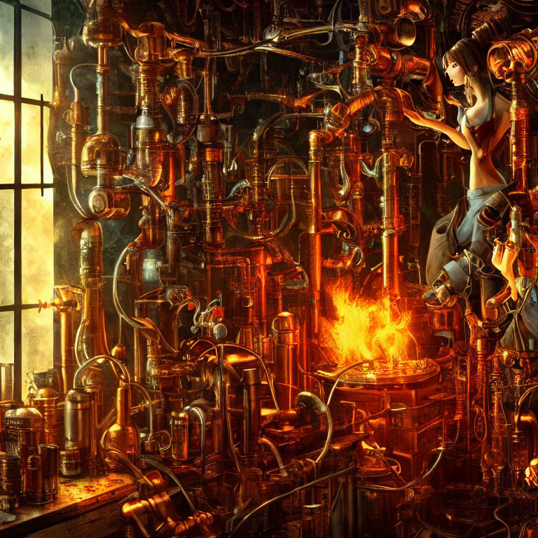 Female anime character surrounded by copper pipes and machinery with flames in the background