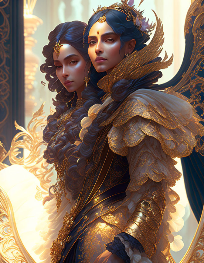 Regal Figures in Elaborate Golden Outfits Standing Together