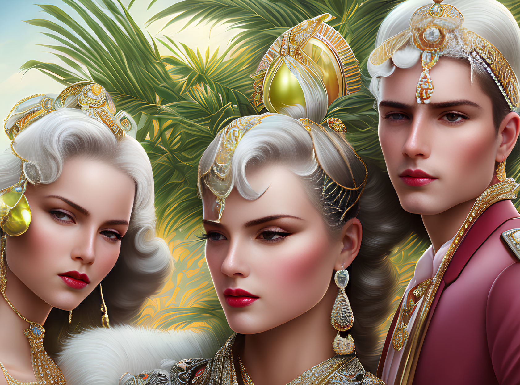 Three individuals in regal, fantasy attire with intricate jewelry in lush greenery.